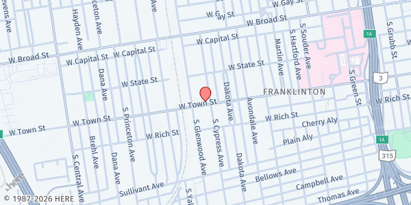 Map showing Crossroads World Ministries at 165 South Cypress Avenue, Franklinton, OH
