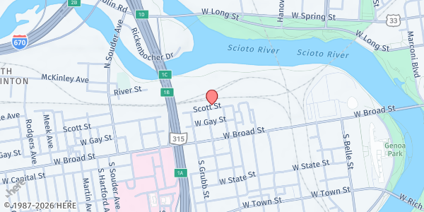 Map showing Holy Family Soup Kitchen - Scott Street at 588 Scott Street, Franklinton, OH