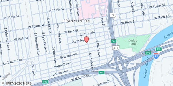 Map showing Inner City Ministries - Franklinton at 842 Sullivant Avenue, Franklinton, OH