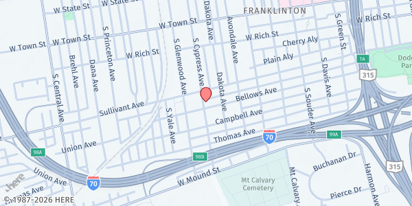 Map showing Lower Lights Community Pantry at 1066 Bellows Avenue, Franklinton, OH