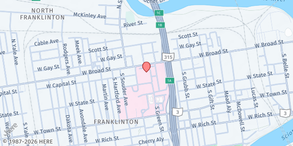 Map showing Saints Alive Mobile Pantry - Mount Carmel Medical Group Parking Lot at 775 West Broad Street, Franklinton, OH