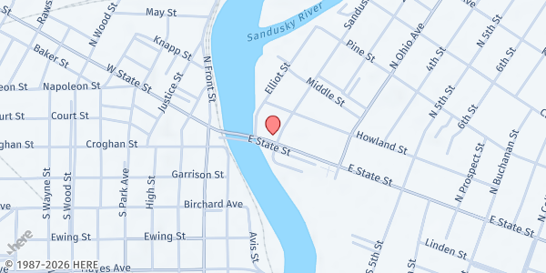 Map showing Family Worship Center at 120 E. State Street, Fremont, OH