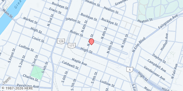 Map showing Fellowship Christian Center at 32 North 7th Street, Hamilton, OH