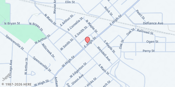 Map showing Christ's Cupboard Ministries at 121 E. High Street, HICKSVILLE, OH