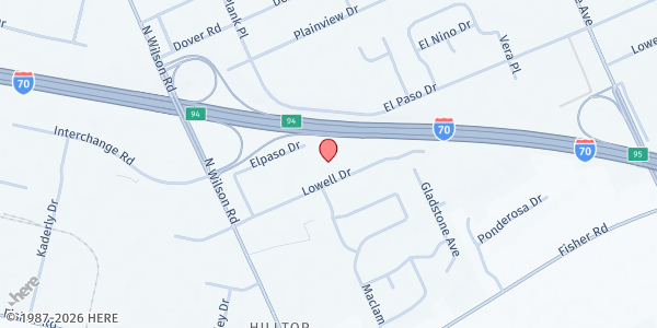 Map showing Oakley Full Gospel Baptist Church at 3415 El Paso Drive, Hilltop, OH