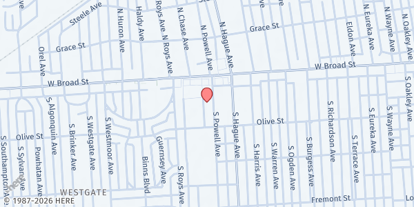 Map showing Westside Free Store Ministries at 61 South Powell Avenue, Hilltop, OH
