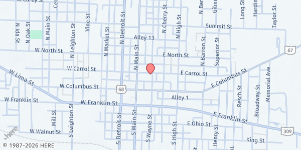 Map showing Kenton Full Gospel Church Bread of Life Food Pantry at 129 N. Wayne St., Kenton, OH