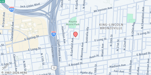 Map showing Al-maun Food Pantry at 168 North Garfield Avenue, King-Lincoln Bronzeville, OH