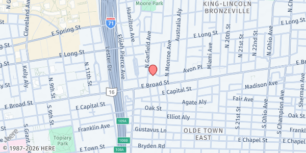 Map showing Broad Street Presbyterian Church at 760 East Broad Street, King-Lincoln Bronzeville, OH