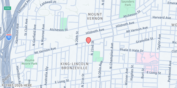 Map showing Mt Vernon AME Church at 1127 Mount Vernon Avenue, King-Lincoln Bronzeville, OH