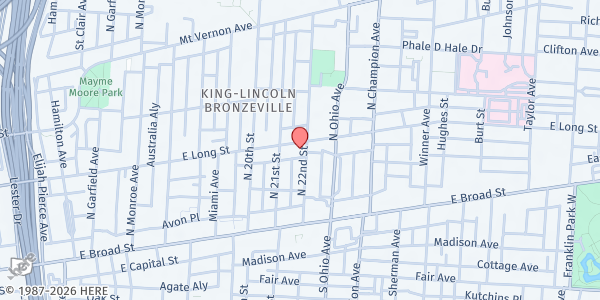 Map showing Rehoboth Temple Church Of Christ at 1111 East Long Street, King-Lincoln Bronzeville, OH