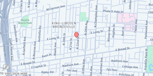 Map showing Rehoboth Temple Community Meal at 1111 East Long Street, King-Lincoln Bronzeville, OH
