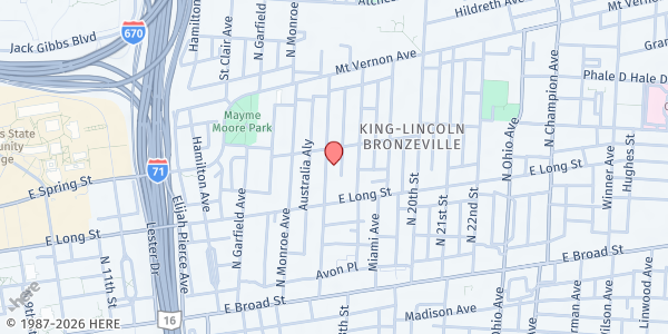 Map showing Second Baptist Church – Bread Basket Food Pantry at 186 North 17th Street, King-Lincoln Bronzeville, OH