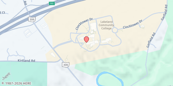 Map showing Lakeland Community College at 7700 Clocktower Dr, Kirtland, OH