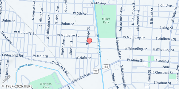 Map showing Agape Ministry Center at 423 W. Wheeling Street, Lancaster, OH