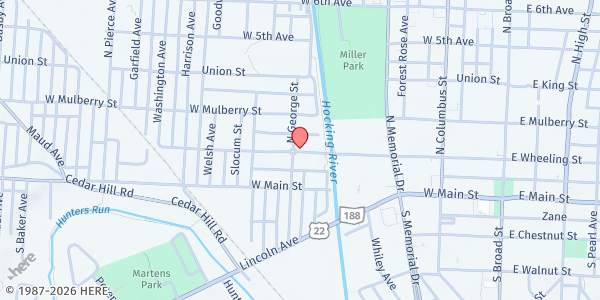 Map showing Lancaster Vineyard Food Pantry - Pantry at 423 W WHEELING ST, LANCASTER, OH