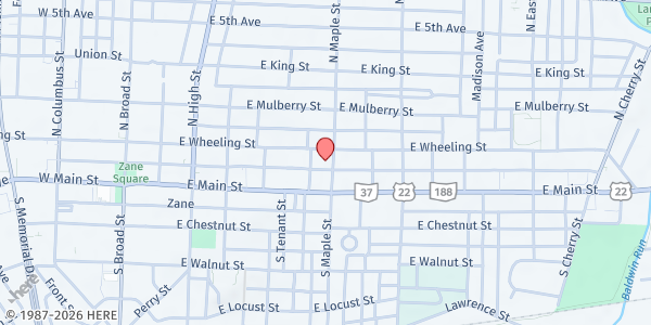Map showing Maple Street UMC Community Kitchen at 438 East Wheeling Street, Lancaster, OH
