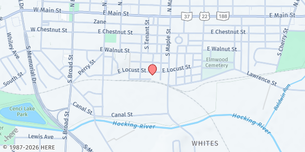 Map showing St. Vincent depaul Society- Lancaster Pantry at 424 E LOCUST ST, LANCASTER, OH
