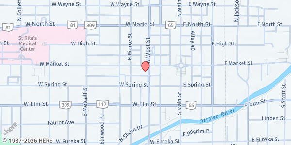Map showing Trinity UMC at 301 W. Market St., Lima, OH
