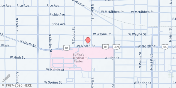 Map showing Veteran's Food Pantry at 810 W. North St., Lima, OH