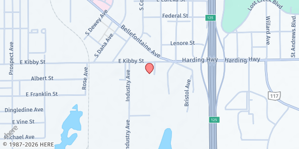 Map showing West Ohio Food Bank at 1380 East Kibby Street, Lima, OH