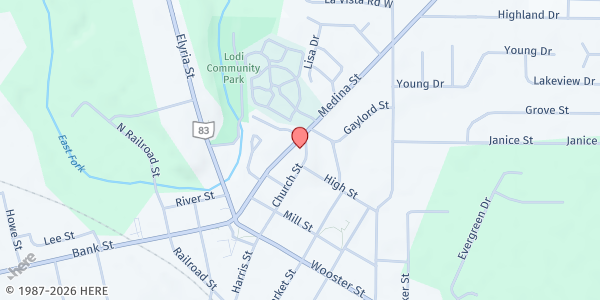 Map showing Lodi United Methodist Church at 320 Medina St., Lodi, OH