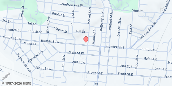 Map showing First Presbyterian Church at 2 West Hunter Street, Logan, OH