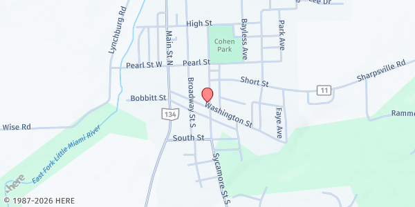 Map showing Because He Lives at 111 S Main Street, Lynchburg, OH