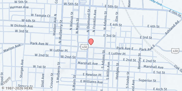 Map showing 1st United Methodist Church at 12 North Diamond Street, Mansfield, OH