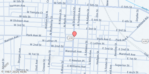 Map showing 1st United Methodist Church at 12 North Diamond Street, Mansfield, OH