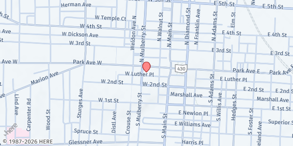Map showing First English Lutheran Church at 53 Park Avenue West, Mansfield, OH