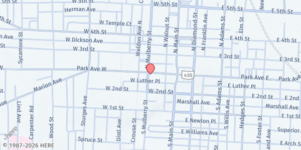 Map showing Impact Church at First English Lutheran Church at 53 Park Ave W, Mansfield, OH