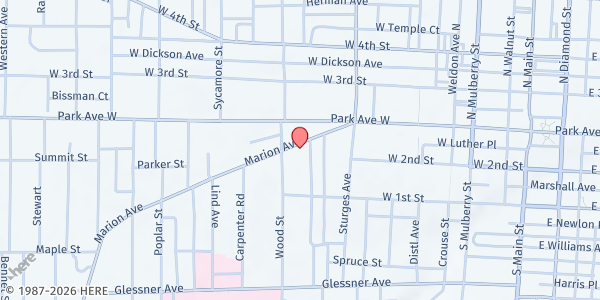 Map showing Matthew 25 Outreach - Mansfield at 124 N. Linden Rd., Mansfield, OH