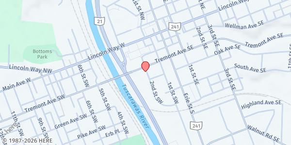 Map showing Pantry - Parking lot across from St. James at 209 2nd St SW, Massillon, OH