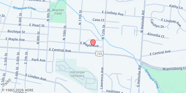 Map showing Miamisburg Helping Hands at 224 E. Maple Ave., Miamisburg, OH
