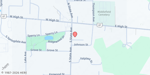 Map showing Middlefield First United Methodist Church at 14999 S State Ave, Middlefield, OH