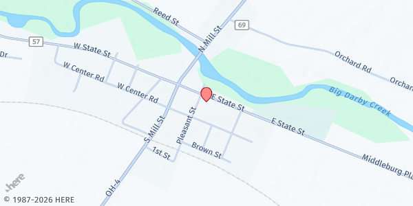 Map showing Milford Center Food Pantry at 55 East State Street, Milford Center, OH