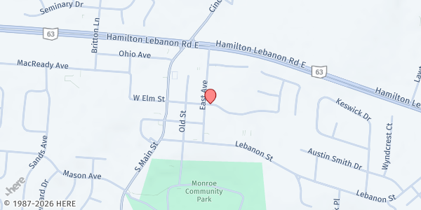 Map showing First Church of God, Monroe at 100 East Avenue, Monroe, OH