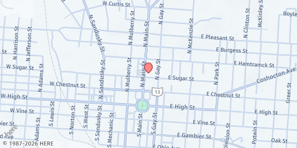 Map showing First Congregational at 200 N. Man Street, Mount Vernon, OH