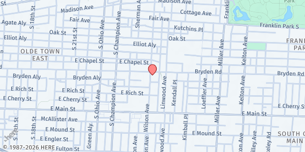Map showing Central Community House at 1251 Bryden Road, Near East Side, OH