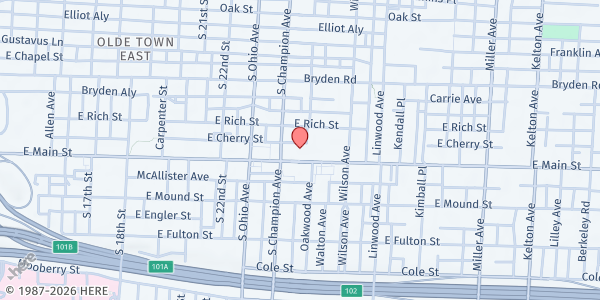 Map showing Central Community House at 1150 East Main Street, Near East Side, OH