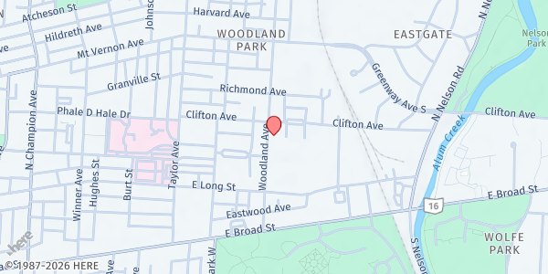 Map showing St. Philips Episcopal Center at 166 Woodland Avenue, Near East Side, OH