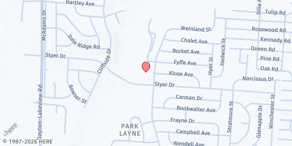 Map showing Park Layne Pantry at 1320 Styer Dr., New Carlisle, OH