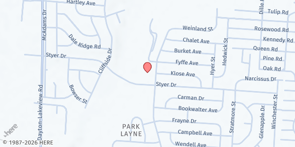 Map showing Park Layne United Brethren Food Pantry at 1320 Styer Dr., New Carlisle, OH