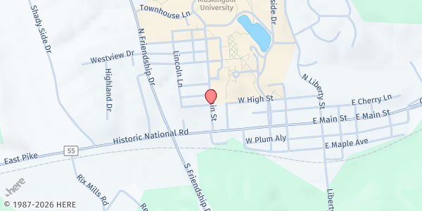 Map showing College Drive Presbyterian Pantry at 2 West High Street, New Concord, OH