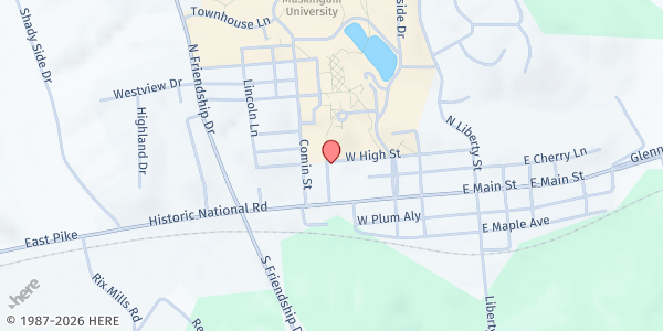 Map showing College Drive Presbyterian Pantry at 2 W HIGH ST, NEW CONCORD, OH