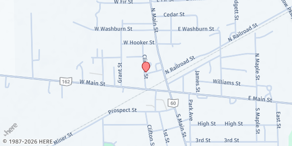 Map showing New London Salvation Army Food Pantry at 12 Akron Street, New London, OH