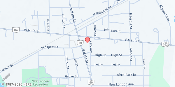 Map showing Our Lady of Lourdes Church Food Pantry at 18 Park Avenue, New London, OH