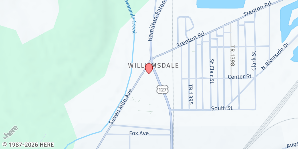 Map showing The Village Food Pantry at 617-B Riverside Dr., New Miami, OH