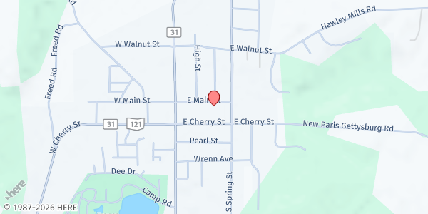 Map showing New Paris Community Food Pantry at 301 E Main, New Paris, OH